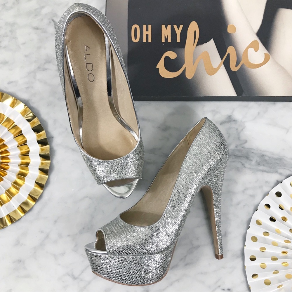 Aldo Silver Sequin Stiletto Peep Toe Heels